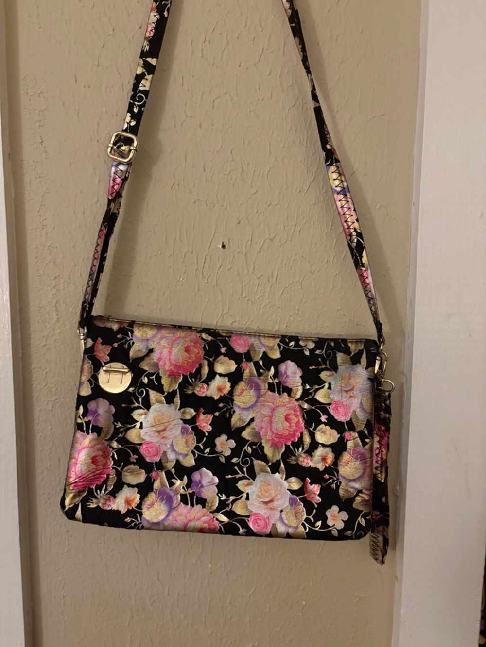 Floral Crossbody Bag with Gold Accent - Black Pink Floral